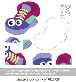 Use scissors and glue and restore the picture inside the contour. Easy educational paper game for kids. Simple kid application with Funny sneaker