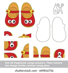 Use scissors and glue and restore the picture inside the contour. Easy educational paper game for kids. Simple kid application with Cute Red Sandals