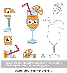 Use scissors and glue and restore the picture inside the contour. Easy educational paper game for kids. Simple kid application with Cute Funny Orange Juice