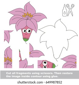 Use scissors and glue and restore the picture inside the contour. Easy educational paper game for kids. Simple kid application with Funny Pink Lilly