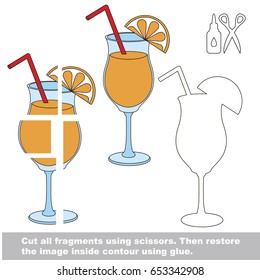 Use scissors and glue and restore the picture inside the contour. Easy educational paper game for kids. Simple kid application with Orange Juice in Glass with Orange Slice