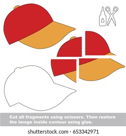 Use scissors and glue and restore the picture inside the contour. Easy educational paper game for kids. Simple kid application with Cap