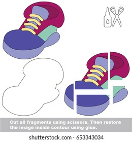 Use scissors and glue and restore the picture inside the contour. Easy educational paper game for kids. Simple kid application with One Sneaker