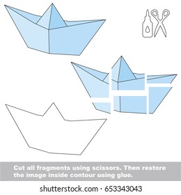 Use scissors and glue and restore the picture inside the contour. Easy educational paper game for kids. Simple kid application with Paper Ship