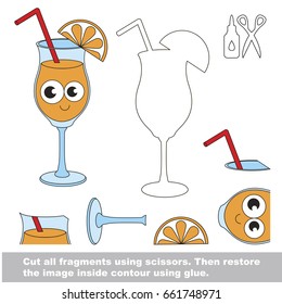Use scissors and glue and restore the picture inside the contour. Easy educational paper game for kids. Simple kid application with Orange Juice