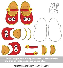 Use scissors and glue and restore the picture inside the contour. Easy educational paper game for kids. Simple kid application with Funny Shoes
