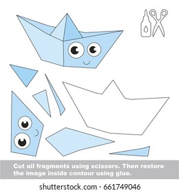 Use scissors and glue and restore the picture inside the contour. Easy educational paper game for kids. Simple kid application with Funny Paper Ship