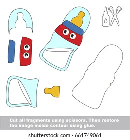 Use scissors and glue and restore the picture inside the contour. Easy educational paper game for kids. Simple kid application with Funny Small Bottle
