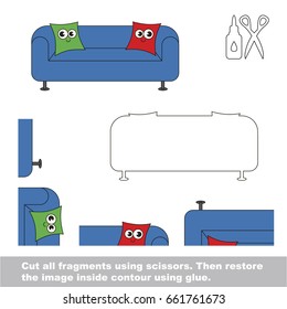 Use scissors and glue and restore the picture inside the contour. Easy educational paper game for kids. Simple kid application with Sofa and Pillows