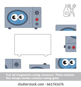 Use scissors and glue and restore the picture inside the contour. Easy educational paper game for kids. Simple kid application with Funny Microwave Oven