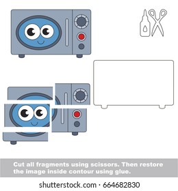 Use scissors and glue and restore the picture inside the contour. Easy educational paper game for kids. Simple kid application with Funny Microwave Oven