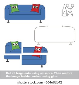 Use scissors and glue and restore the picture inside the contour. Easy educational paper game for kids. Simple kid application with Funny Sofa and Pillow