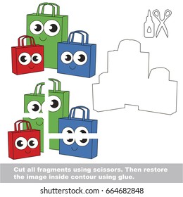 Use scissors and glue and restore the picture inside the contour. Easy educational paper game for kids. Simple kid application with Funny Shopping Bags