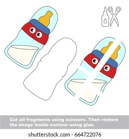 Use scissors and glue and restore the picture inside the contour. Easy educational paper game for kids. Simple kid application with Little Bottle