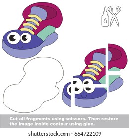Use scissors and glue and restore the picture inside the contour. Easy educational paper game for kids. Simple kid application with Sneaker