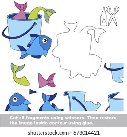 Use scissors and glue and restore the picture inside the contour. Easy educational paper game for kids. Simple kid application with Fish Catch Basket