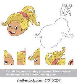 Use scissors and glue and restore the picture inside the contour. Easy educational paper game for kids. Simple kid application with Funny Blondy Girl