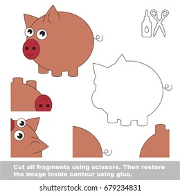 Use scissors and glue and restore the picture inside the contour. Easy educational paper game for kids. Simple kid application with Funny Rounded Piggy