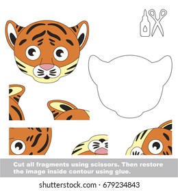 Use scissors and glue and restore the picture inside the contour. Easy educational paper game for kids. Simple kid application with Tiger Face