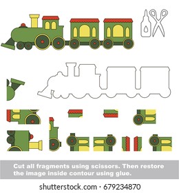 Use scissors and glue and restore the picture inside the contour. Easy educational paper game for kids. Simple kid application with oy Train