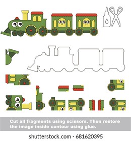Use scissors and glue and restore the picture inside the contour. Easy educational paper game for kids. Simple kid application with Funny Train