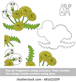 Use scissors and glue and restore the picture inside the contour. Easy educational paper game for kids. Simple kid application with Funny Yellow Flower Dandelion
