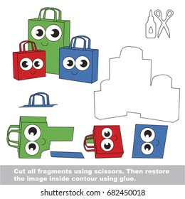Use scissors and glue and restore the picture inside the contour. Easy educational paper game for kids. Simple kid application with Funny Shopping Bags