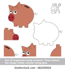 Use scissors and glue and restore the picture inside the contour. Easy educational paper game for kids. Simple kid application with Pink Piggy Bank