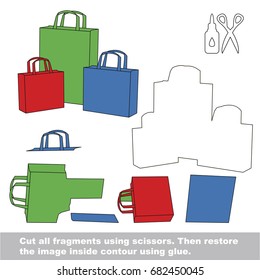 Use scissors and glue and restore the picture inside the contour. Easy educational paper game for kids. Simple kid application with Thee Colorful Shopping Bags