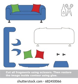 Use scissors and glue and restore the picture inside the contour. Easy educational paper game for kids. Simple kid application with Sofa Furniture