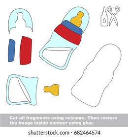 Use scissors and glue and restore the picture inside the contour. Easy educational paper game for kids. Simple kid application with Small Milk Bottle