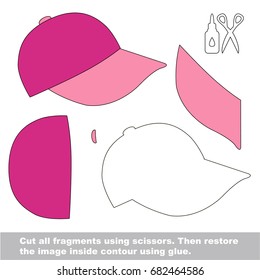 Use scissors and glue and restore the picture inside the contour. Easy educational paper game for kids. Simple kid application with Pink Cap