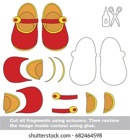 Use scissors and glue and restore the picture inside the contour. Easy educational paper game for kids. Simple kid application with Red Shoes