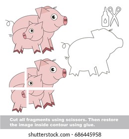 Use scissors and glue and restore the picture inside the contour. Easy educational paper game for kids. Simple kid application with Funny Pig Mother