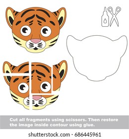 Use scissors and glue and restore the picture inside the contour. Easy educational paper game for kids. Simple kid application with Funny Tiger Face