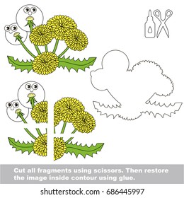 Use scissors and glue and restore the picture inside the contour. Easy educational paper game for kids. Simple kid application with Funny Dandelion