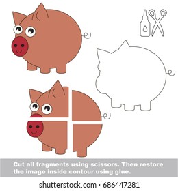 Use scissors and glue and restore the picture inside the contour. Easy educational paper game for kids. Simple kid application with Funny Pig