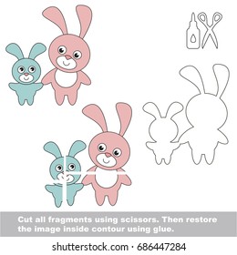 Use scissors and glue and restore the picture inside the contour. Easy educational paper game for kids. Simple kid application with Rabbit mother