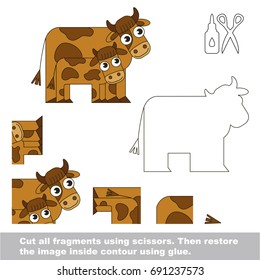 Use scissors and glue and restore the picture inside the contour. Easy educational paper game for kids. Simple kid application with Mother Cow and her baby