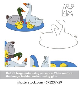 Use scissors and glue and restore the picture inside the contour. Easy educational paper game for kids. Simple kid application with Goose and Duck Family
