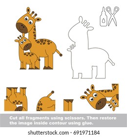 Use scissors and glue and restore the picture inside the contour. Easy educational paper game for kids. Simple kid application with Giraffe Mom and her Baby