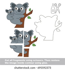 Use scissors and glue and restore the picture inside the contour. Easy educational paper game for kids. Simple kid application with Mom and her Baby Bear Koala