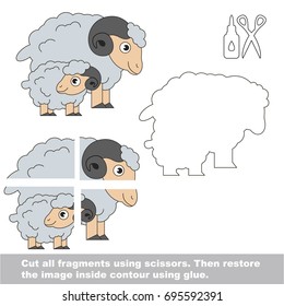 Use scissors and glue and restore the picture inside the contour. Easy educational paper game for kids. Simple kid application with Mom and her Baby Wool Sheep
