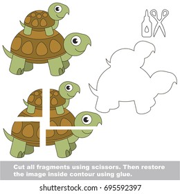Use scissors and glue and restore the picture inside the contour. Easy educational paper game for kids. Simple kid application with Mom and her Baby Turtle