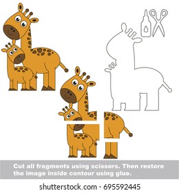 Use scissors and glue and restore the picture inside the contour. Easy educational paper game for kids. Simple kid application with Mom and her Baby Giraffe
