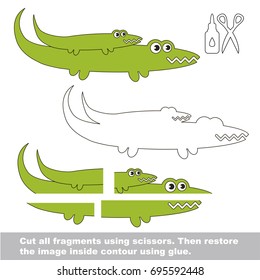 Use scissors and glue and restore the picture inside the contour. Easy educational paper game for kids. Simple kid application with Mom and her Baby Green Alligator