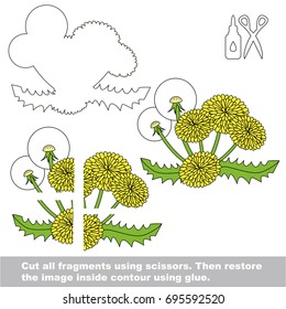 Use scissors and glue and restore the picture inside the contour. Easy educational paper game for kids. Simple kid application with Flower Dandelion