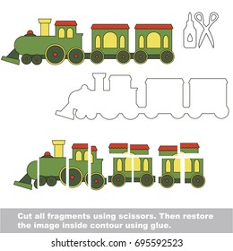 Use scissors and glue and restore the picture inside the contour. Easy educational paper game for kids. Simple kid application with Green Toy Train