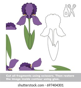 Use scissors and glue and restore the picture inside the contour. Easy educational paper game for kids. Simple kid application with Violet Iris