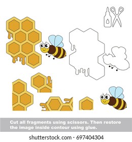 Use scissors and glue and restore the picture inside the contour. Easy educational paper game for kids. Simple kid application with Insect Bee and Honey